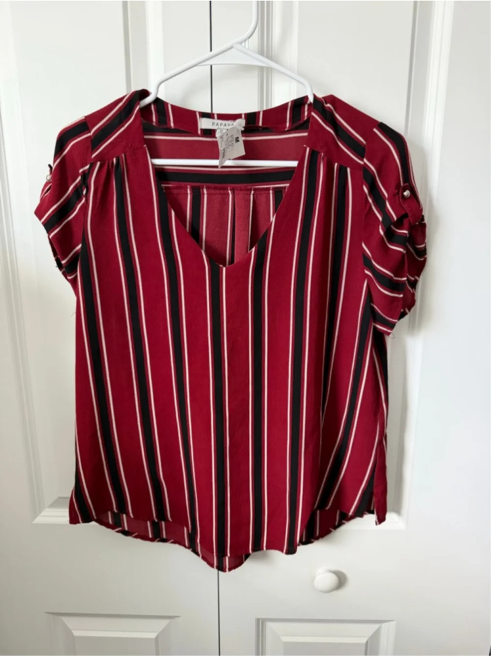 Papaya Blouse M Maroon Black Striped Short Sleeve - Picture 1 of 7